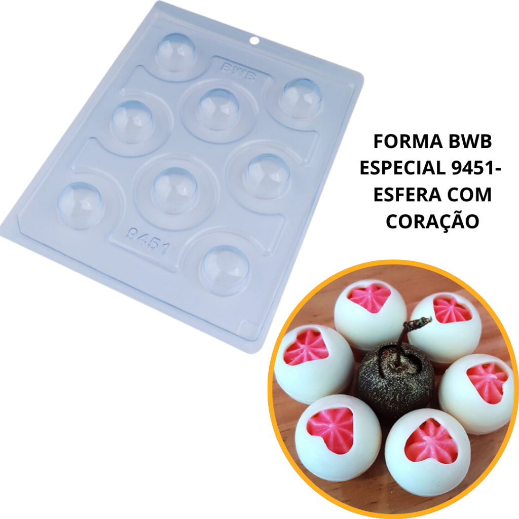 1~4 Forma bwb com silicone (3 partes) p chocolate cód: 9451- Esfera com Coração 30mm Peso Médio:15g (CHOCO)