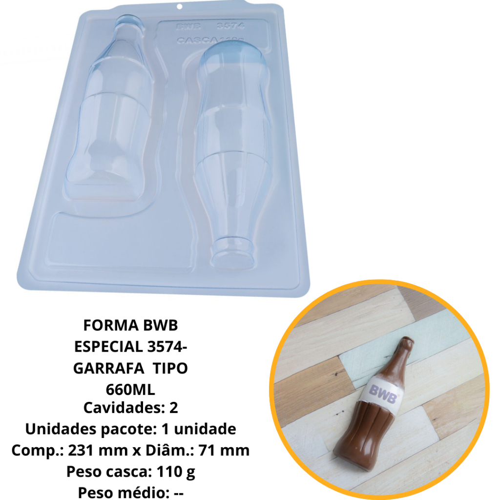 1~4 Forma BWB Com Silicone Semiprofissional,  Doces Finos Chocolates Cód. 3574 - SP Garrafa Tipo Coca-Cola (CHOCO)