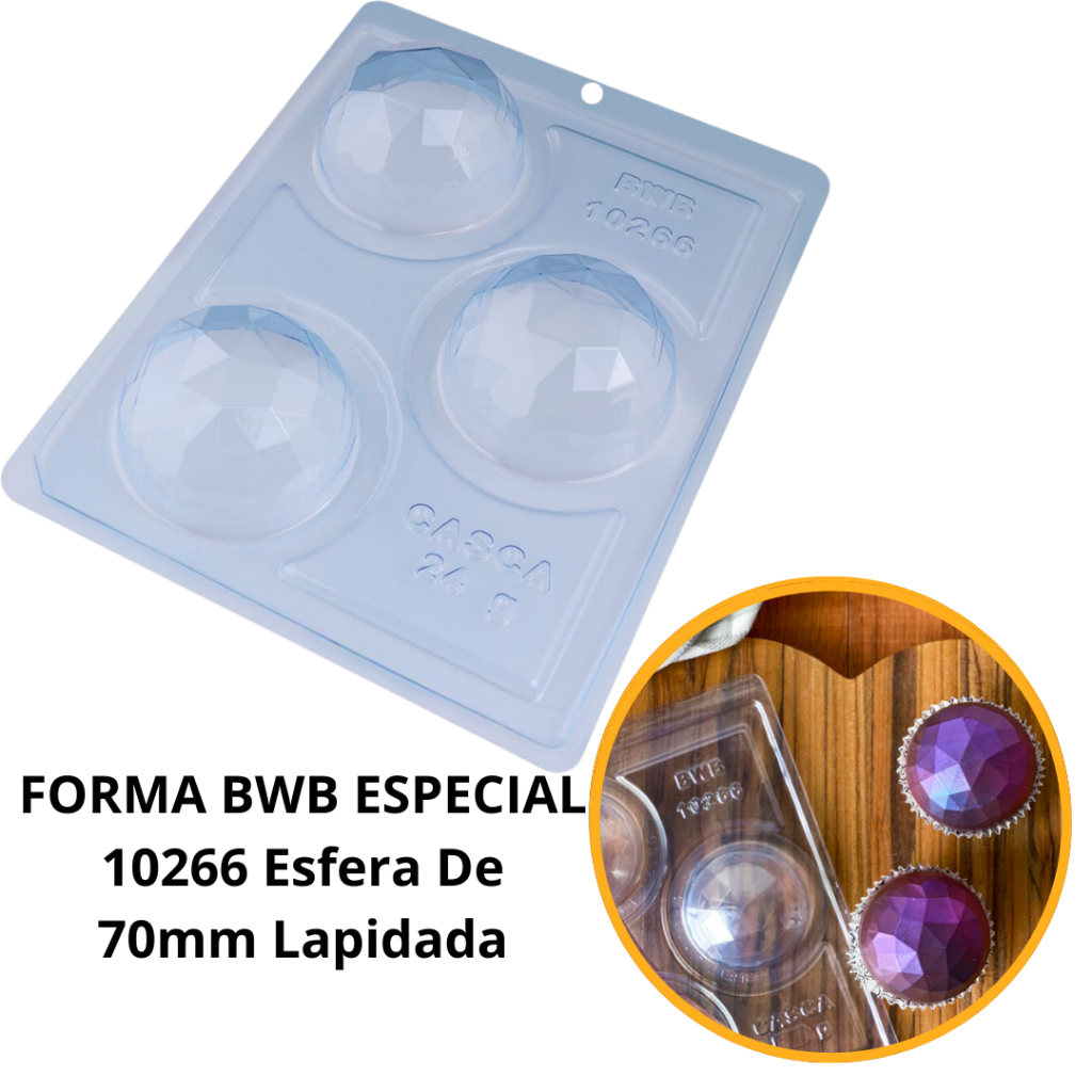 1~4 Forma BWB Esfera 70mm Lapidada, Com Silicone (3 partes) Para Bombons de Chocolate  - Cód. 10266 (CHOCO)