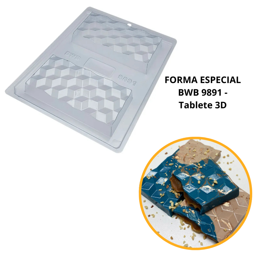 1~4 Forma BWB Com Silicone (3 partes) Para Chocolate Cód.9891-Tablete 3D 250g.Barra Recheada Gourmet (CHOCO)