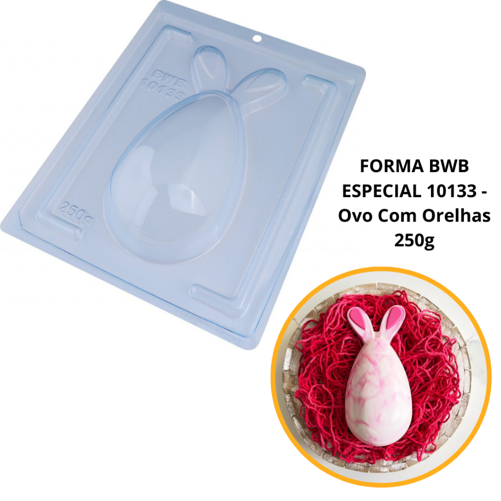 1~4 Forma BWB Com Silicone (3 partes) Para Chocolate Cód. 10133 - Ovo com orelhas 250g. Páscoa