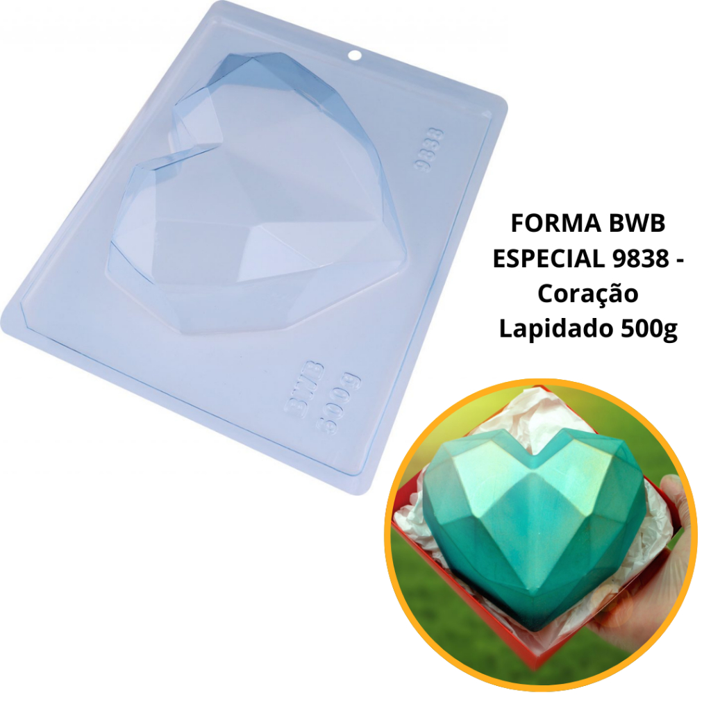 1~4 Forma bwb com silicone (3 partes) cod 9838 - Coração Lapidado 500g (CHOCO)