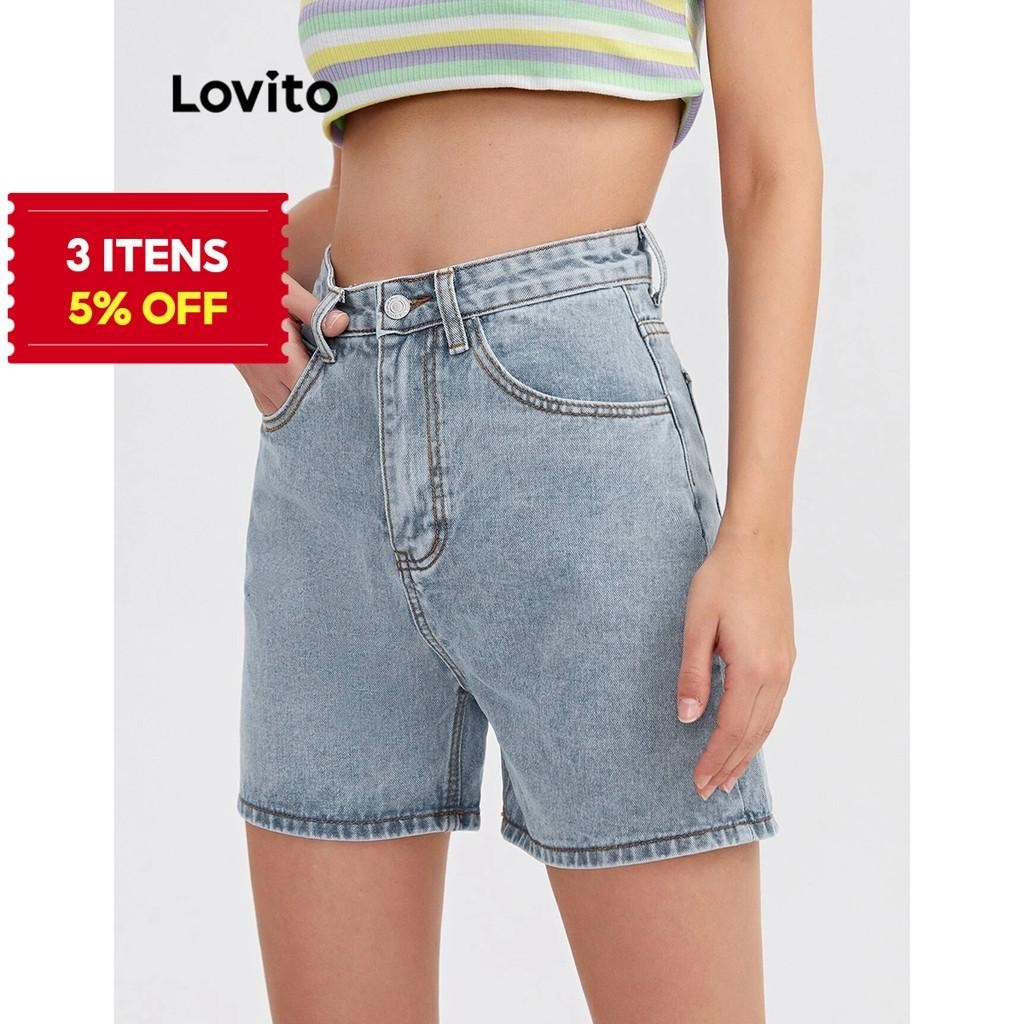 (Casual) Lovito Shorts Jeans Com Bolso Liso Para Mulheres L79AD101 (Multicolorido)