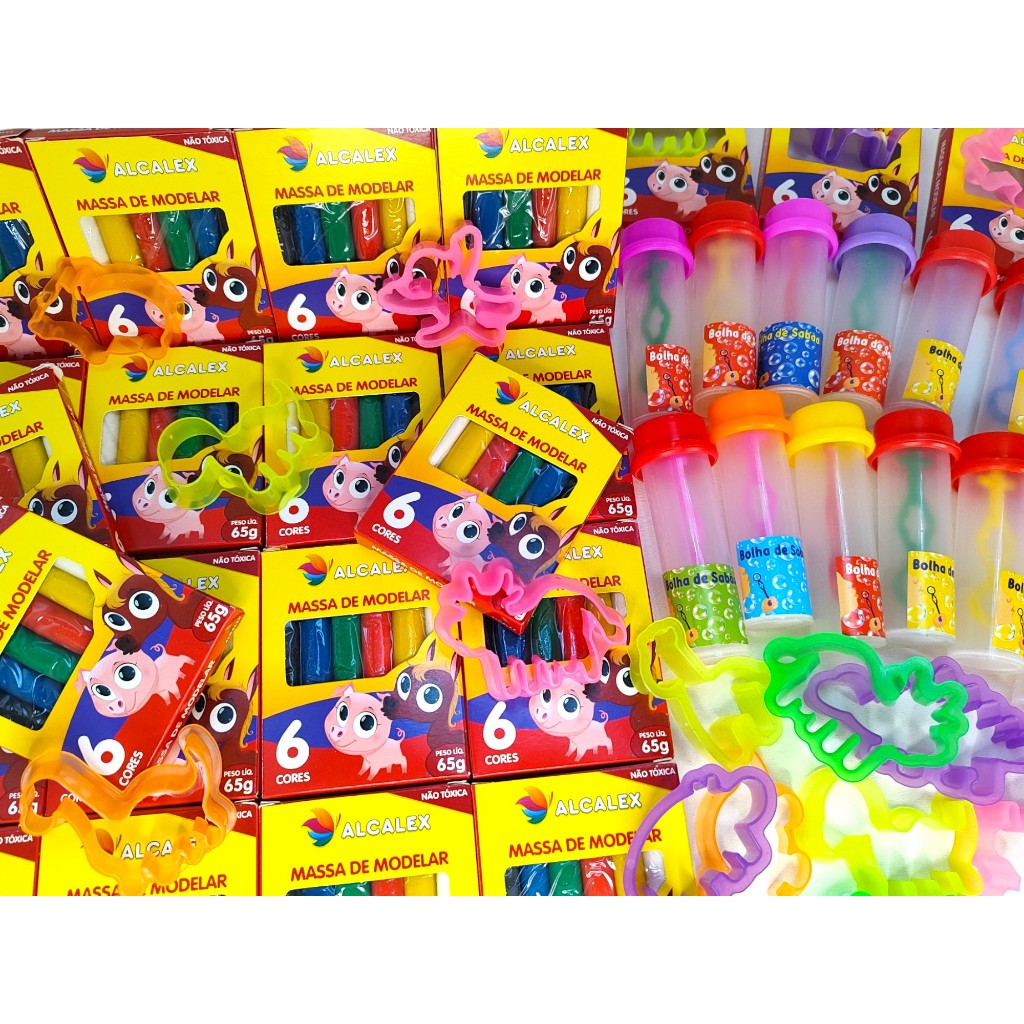 50 Cx Massinha Modelar +100 Forminha Cortador +50 Tubos Vazios P/ Bolha Sabão Kit Festa Lembrancinha