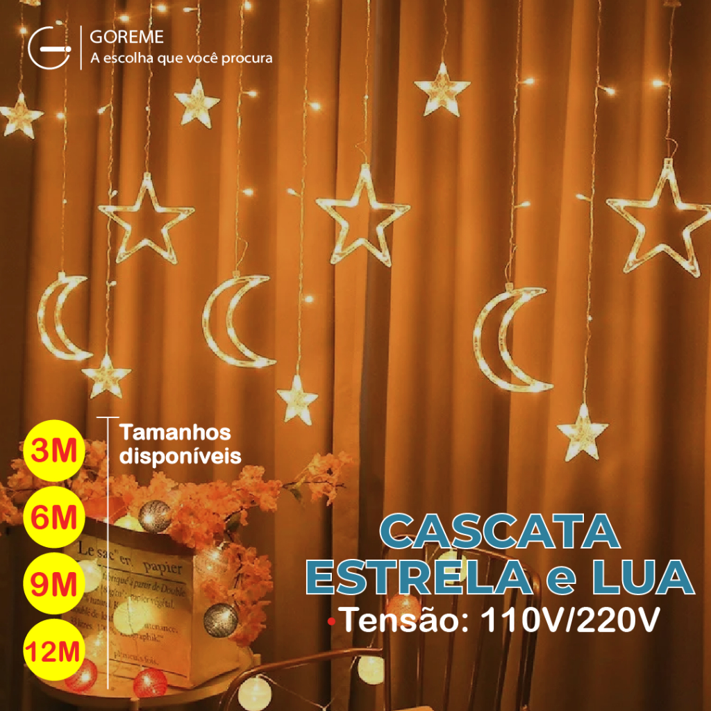 12 Metros Pisca Pisca Fio de Fada LED c/ Cascata de luzes Estrela e Lua 9W Cortina com 8 modos luz Quente 110V ou 220V