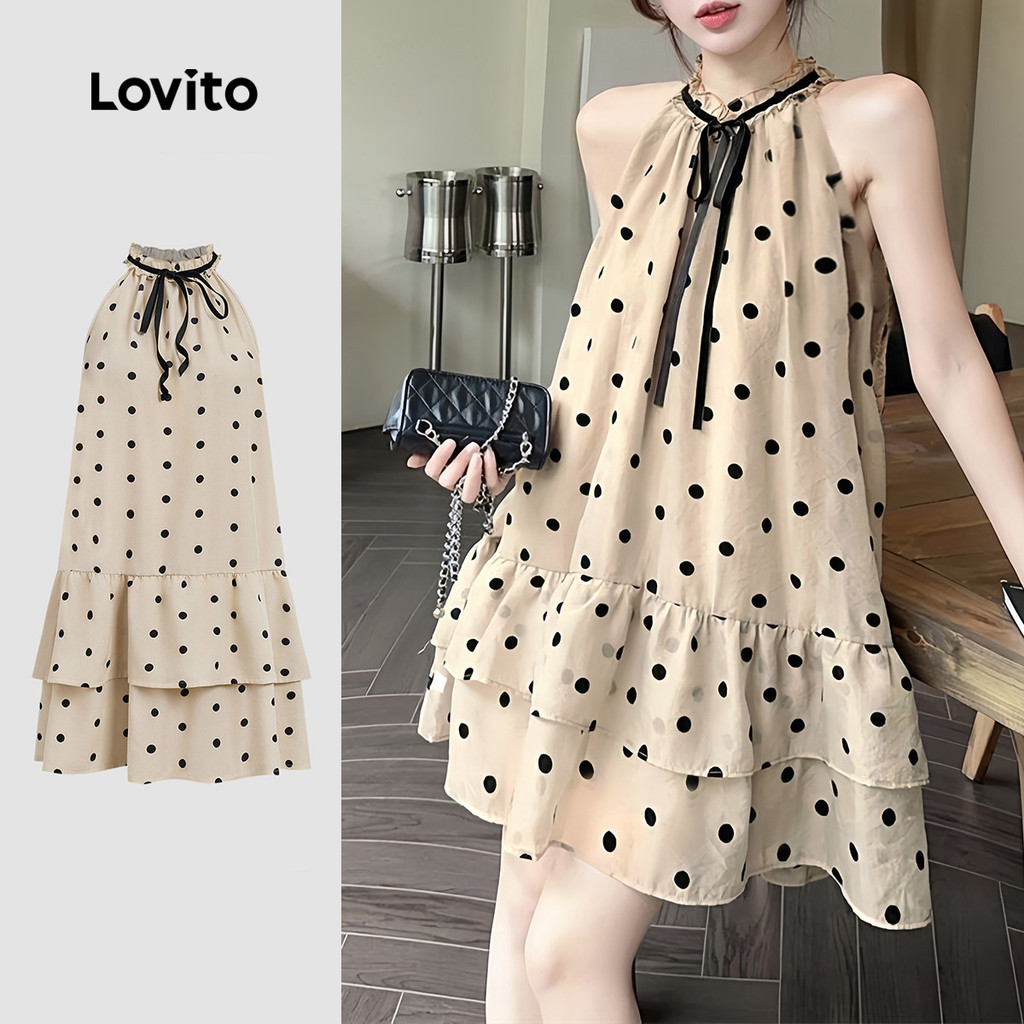 (Lovito x Ana) Casual Vestido Feminino Primavera/Verão com Nó Frontal e Babados Na Saia L178ED398