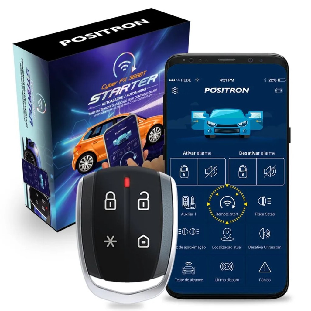 Alarme Automotivo Positron Cyber PX360BT Bluetooth e Remote Starter Universal Com 2 Controles um de Presença