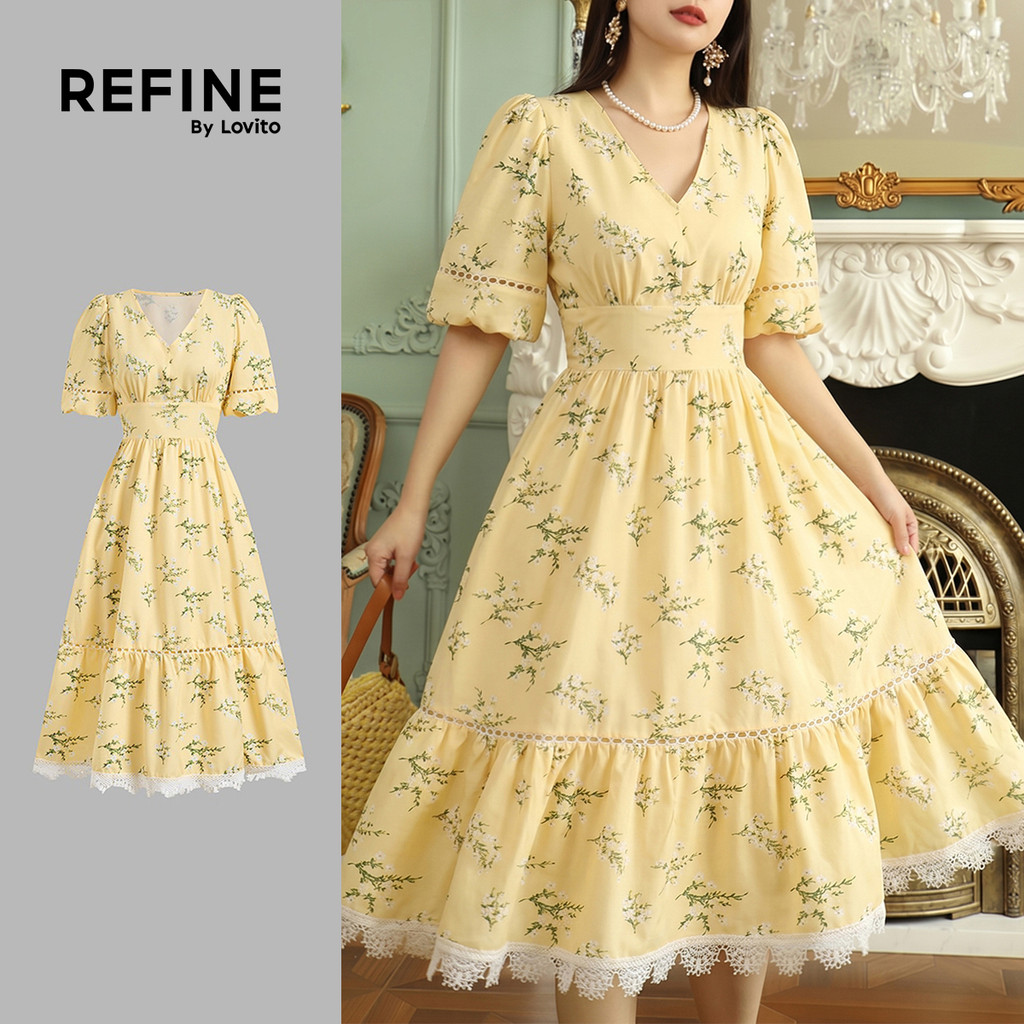 (Refine by Lovito) Elegante Vestido Amarelo Floral Zíper Gola Babados Camadas Primavera/verão Para Mulheres LR13L170