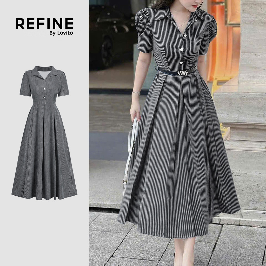 (Refine by Lovito) Elegante Vestido Delicado Longo Evangélico Botões Zíper Azul Escuro Primavera/verão Feminino LR23L066