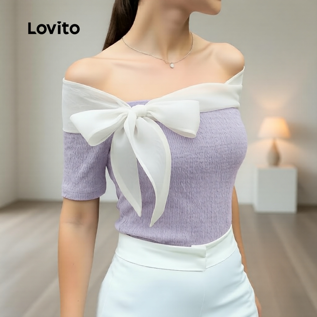 (Elegante) Lovito Camiseta Plissada Colorblock Laço Primavera/verão Roxa para Mulheres L171ED580
