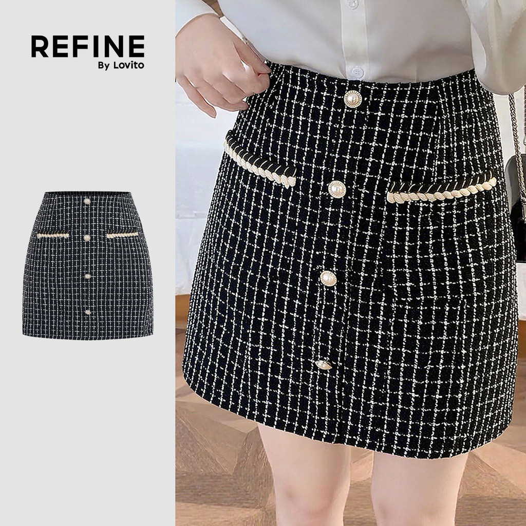 (Refine by Lovito) Saias Elegantes Jacquard Botão Primavera/verão Saias Pretas para mulheres LR35E041