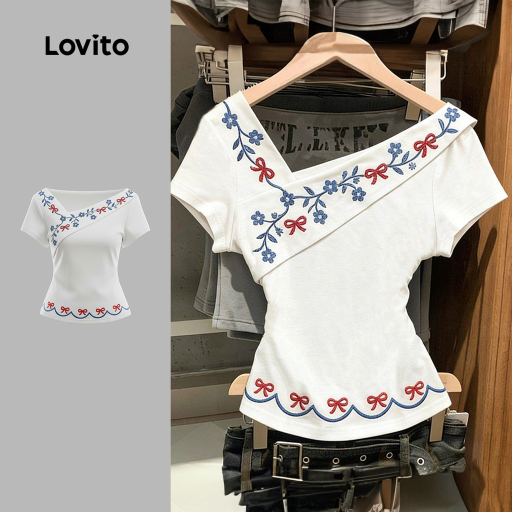 (NEW) Lovito Casual T-shirt Lazer Flores Assimétricas Primavera/verão para Mulheres LK4ED1683