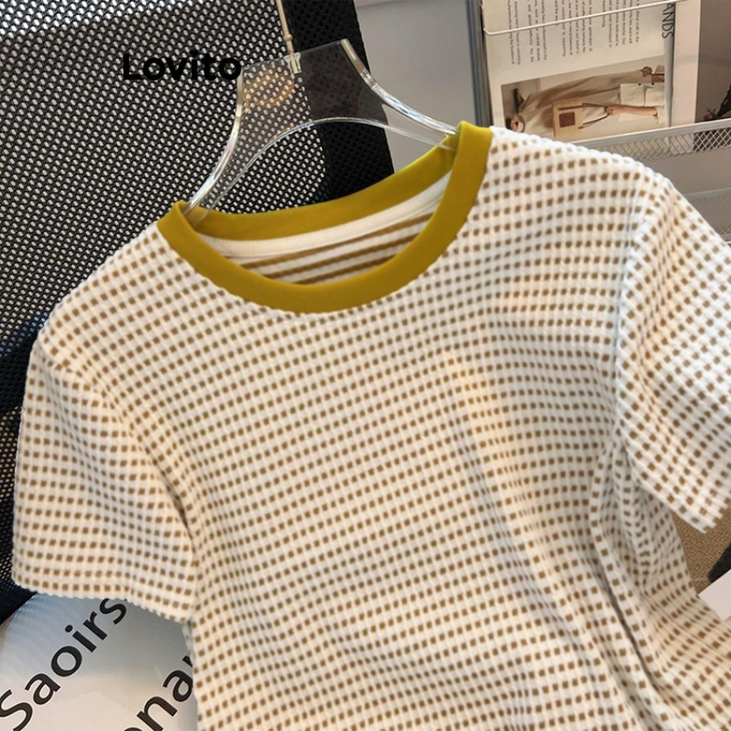 (Trendy) Lovito Camiseta Casual Xadrez Colorblock Para Mulheres LNE70328