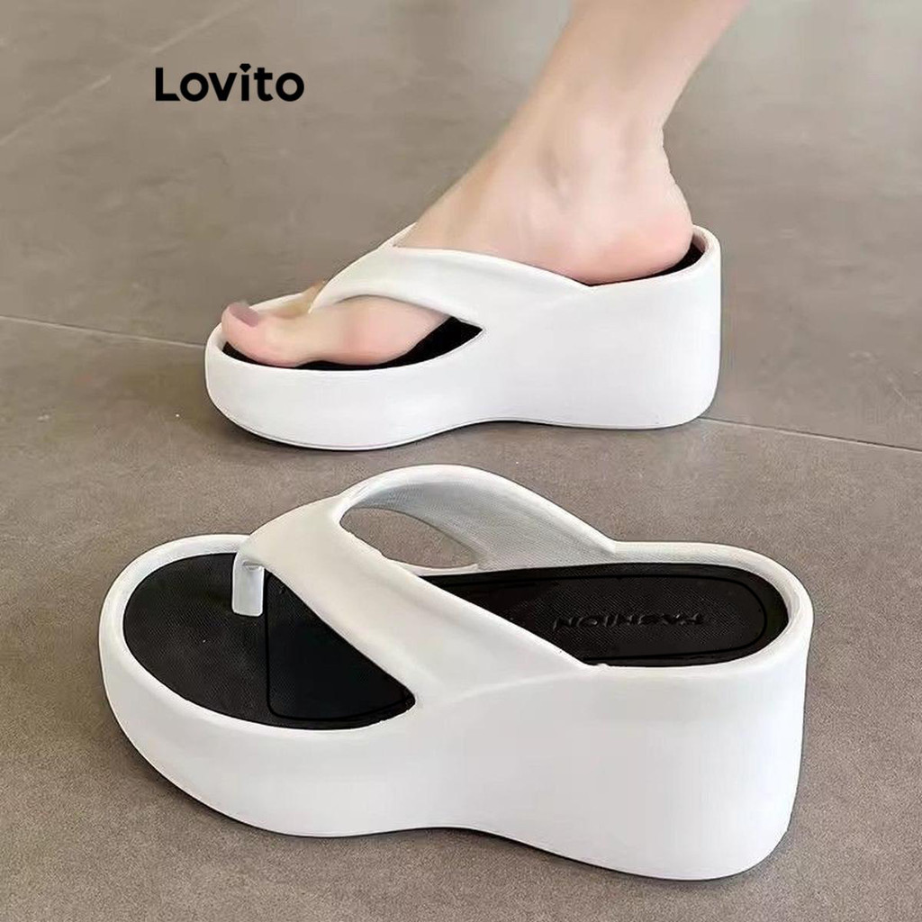 (Trendy) Lovito Casual Flip Flops Moda Cunha Sola Grossa Antiderrapante Usar Fora Sandália Rasa para Mulheres LFA62266