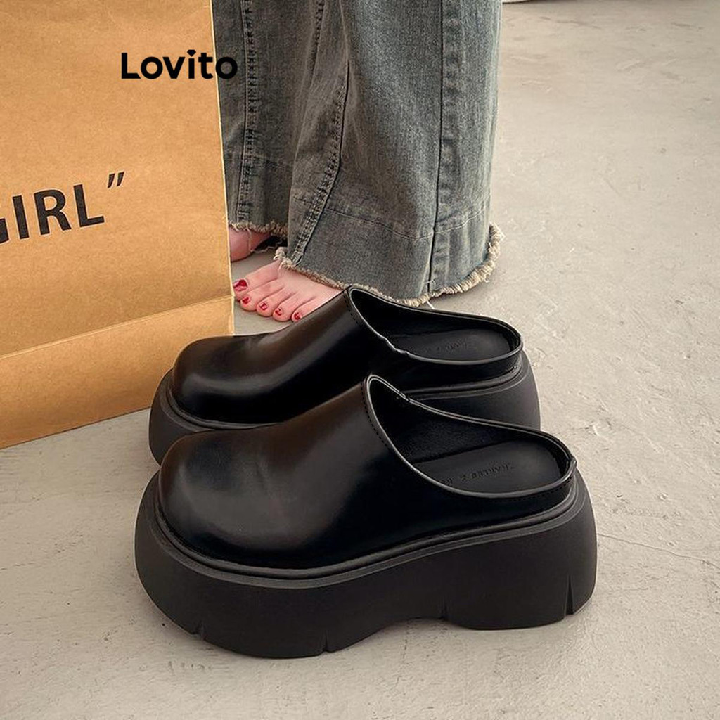 (Trendy)(Casual) Lovito Liso Ins Moda Sola Grossa Aumentar A Altura Usar Fora Da Sandália Plana Para Mulheres LFA59223
