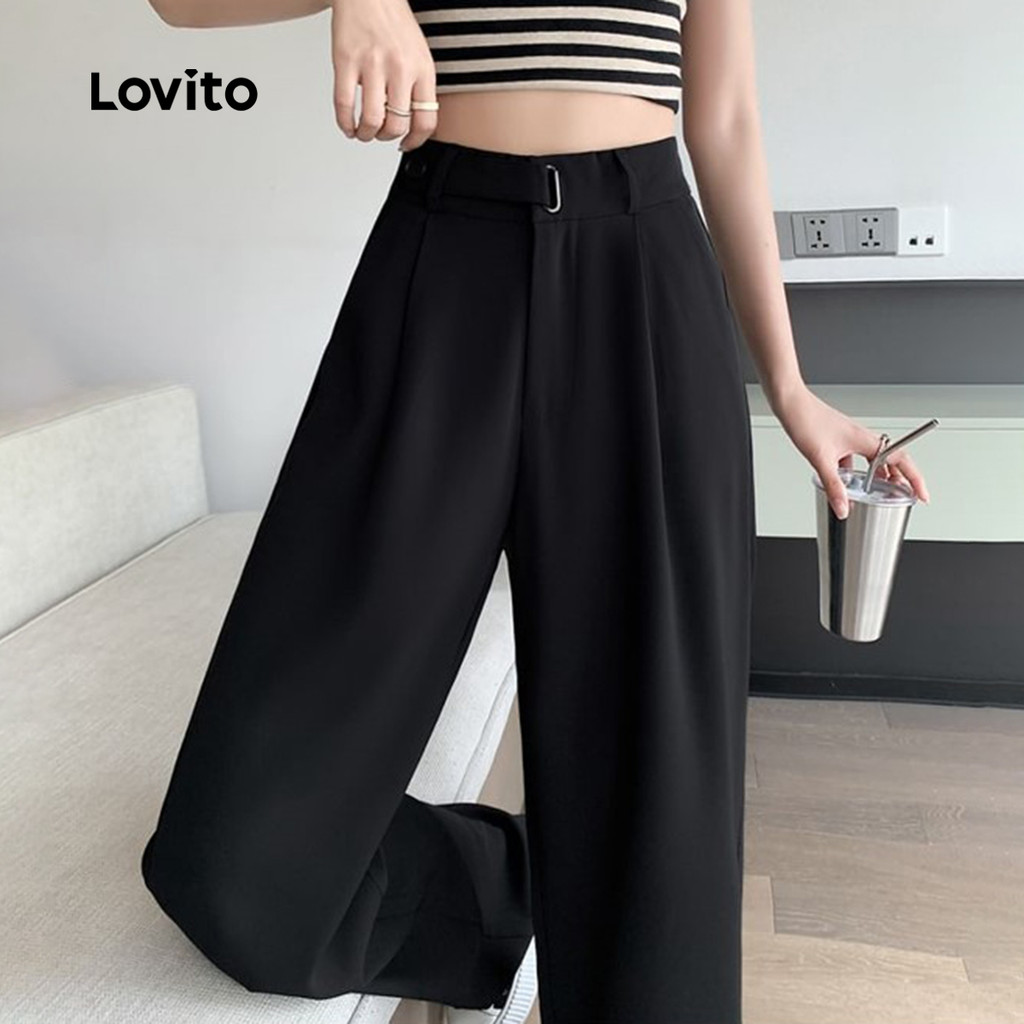 (Elegante) Lovito Calça com fivela de Metal liso para mulheres L129ED459