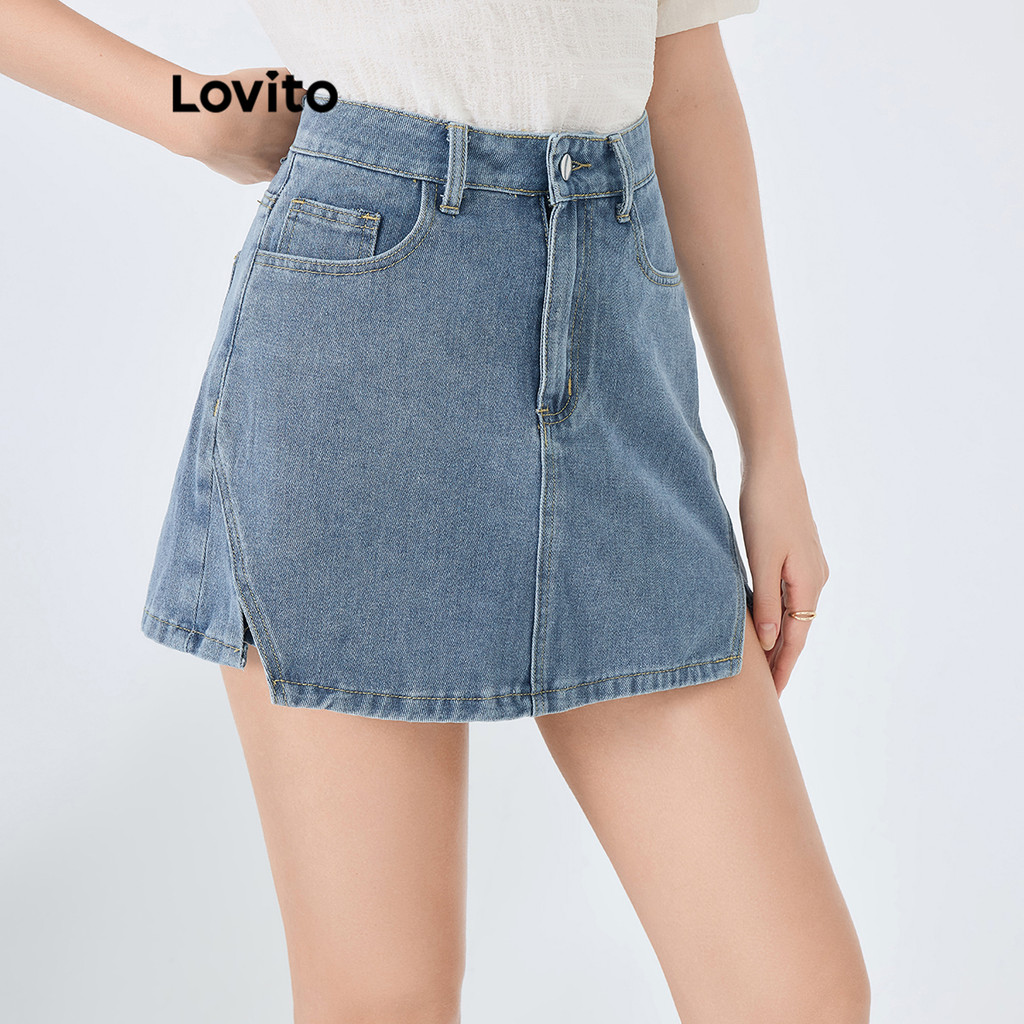 (Casual) Lovito Verão/Primavera Curto Liso Dupla Camada Jeans Curto Para Mulheres L87ED375 (Multicolorido)