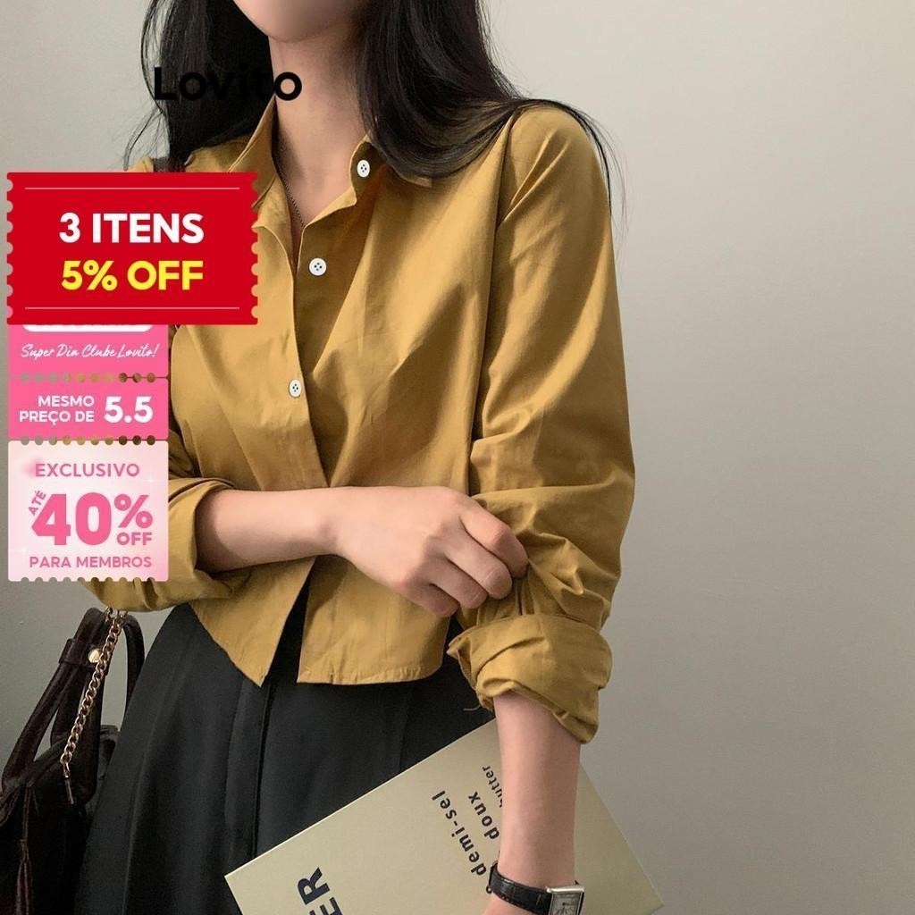 (Elegante) Lovito Blusa Feminina Lisa Básica com Botão Frontal LNE43603