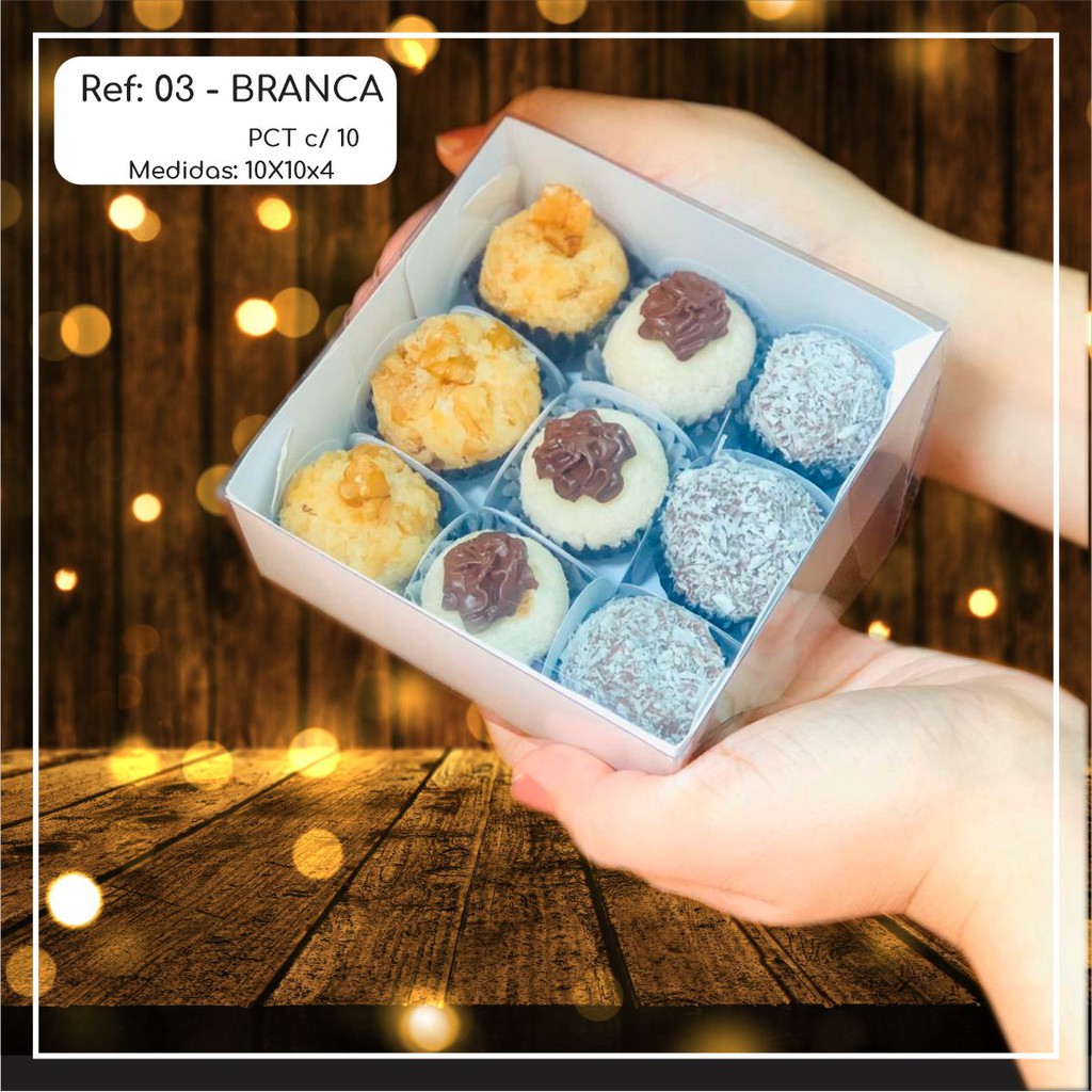 10 ~50 Caixas Embalagem 9 Doces Com Visor em  Acetato BRANCA 10x10x4 - Ref. 03 ( Chocobraz )