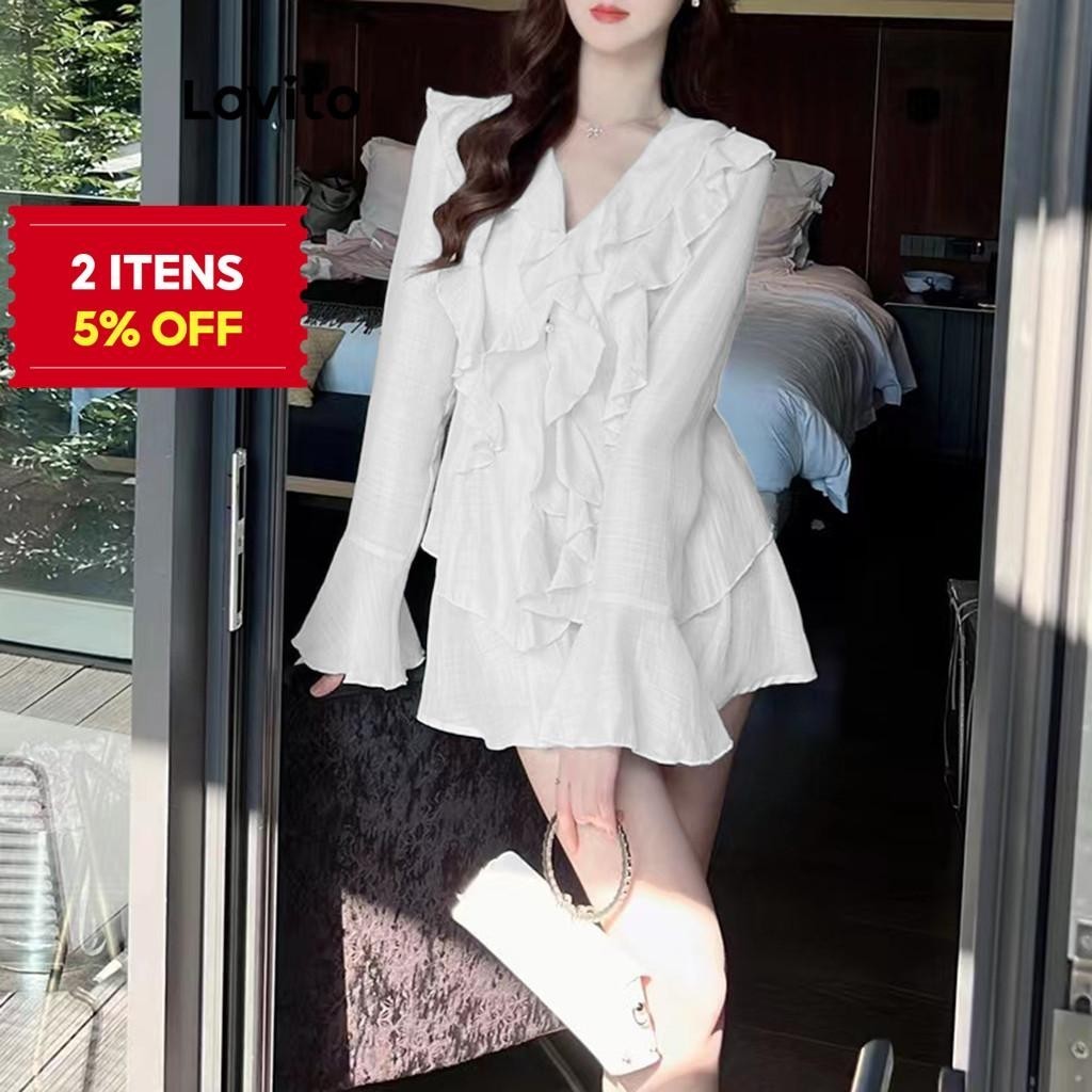 (Boho) Lovito Top Com Babado Liso Com Forro E Tops De Segurança Ou Saia Para Mulheres L61AD100