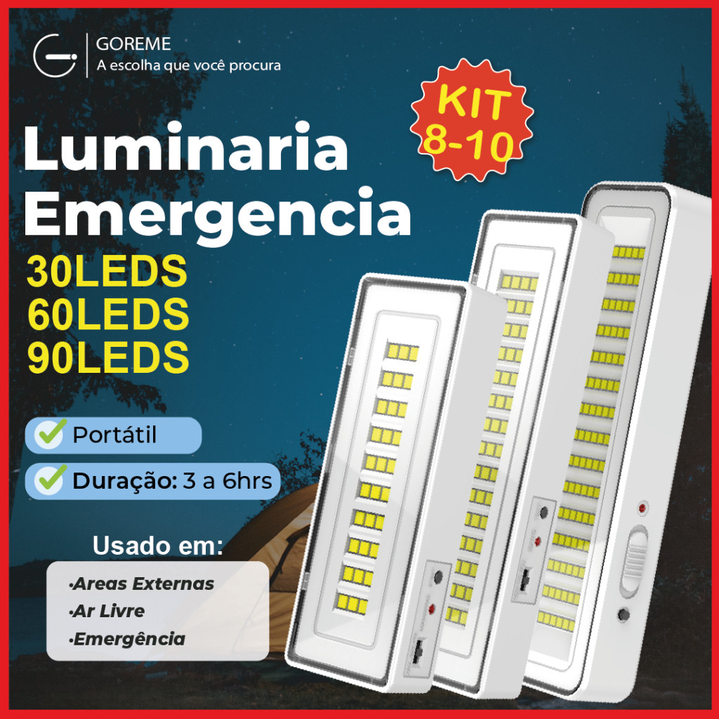 10 Luminária Emergência Lâmpada Portátil 30 60 90 Leds Recarregável Bivolt Luz Branca Fria