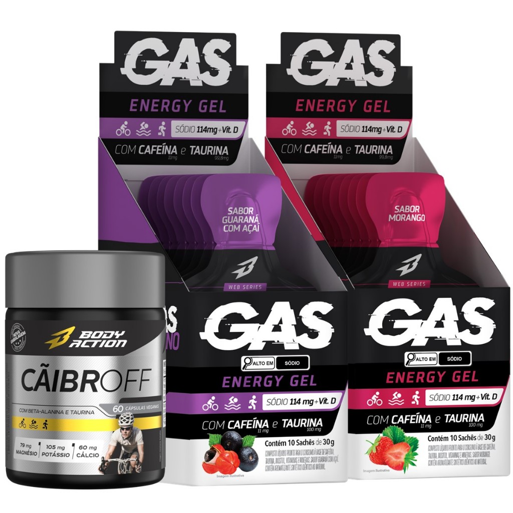 2x Gas Energy Gel Energético 20 Sachês + Cãibroff Bodyaction