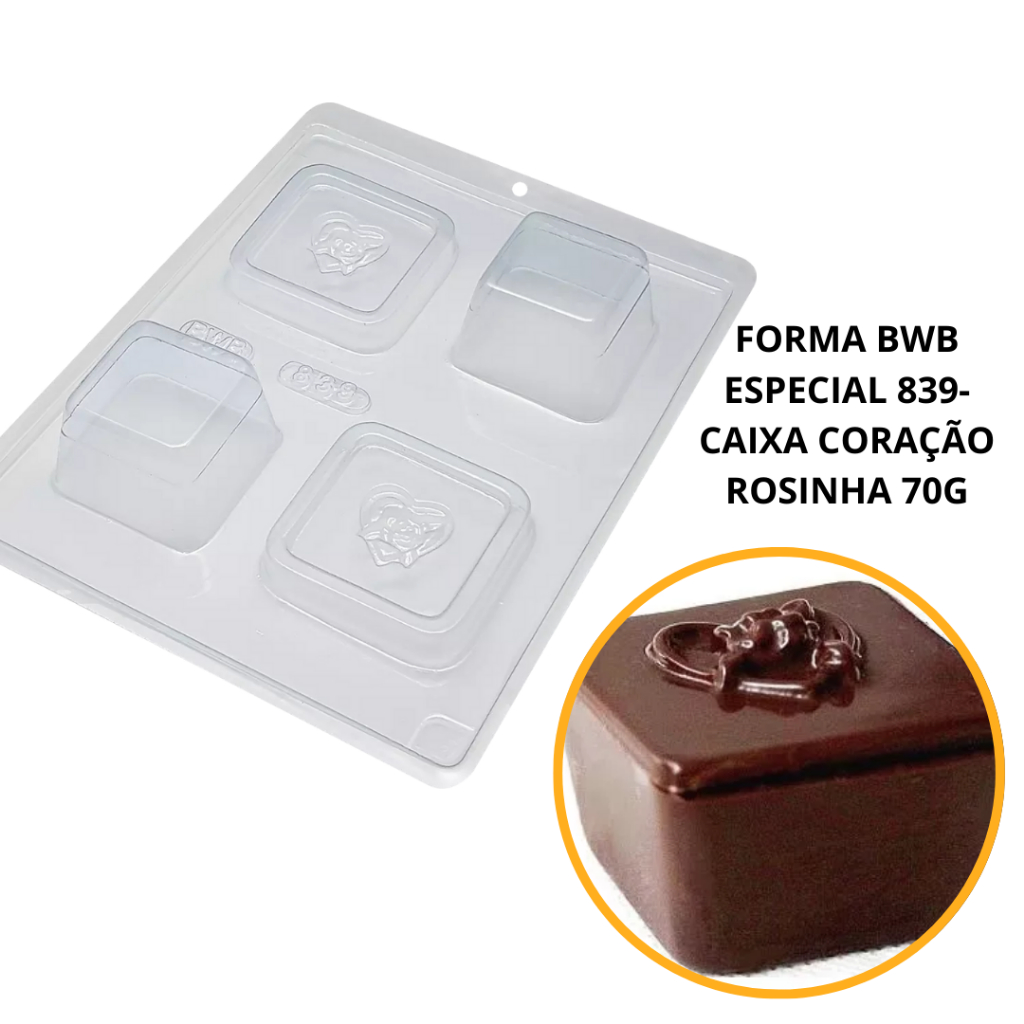 1~4 FORMAS BWB COM SILICONE (3 PARTES) CÓD.:839 - MINI CAIXA CORAÇÃO COM ROSINHA  83g. (CHOCO)