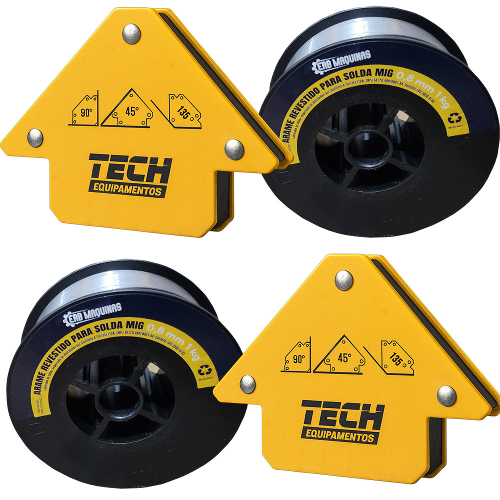 2 Arame MIG Sem Gás Flux Core 0,8mm 1kg ERB Máquinas + 2 Esquadro Magnético 12kg Multiângulos