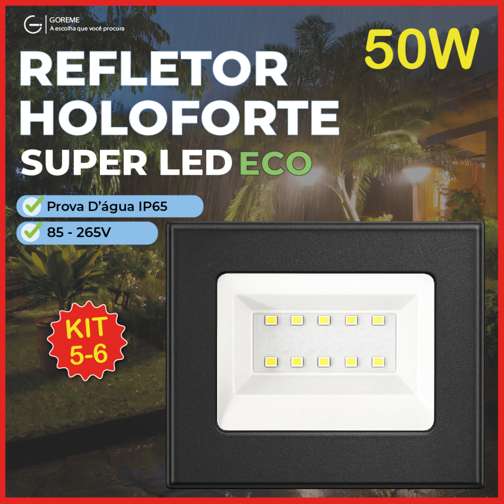 6 Holofote Refletor Led ECO Pro 50W Branco Frio 6500K  Branco Quente Verde IP65 | Luz Econômica | Para Jardim