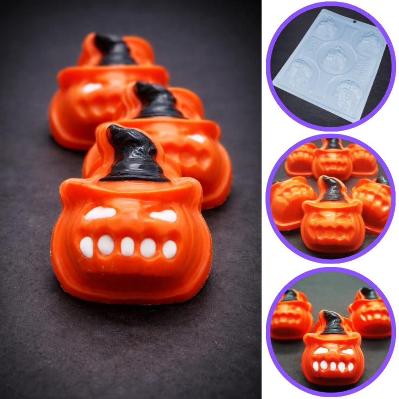 1~5 Forma BWB Com Silicone (3 partes) Para Chocolate Cód. 9529 - Abóbora com Chapéu 38g. Halloween (CHOCO)