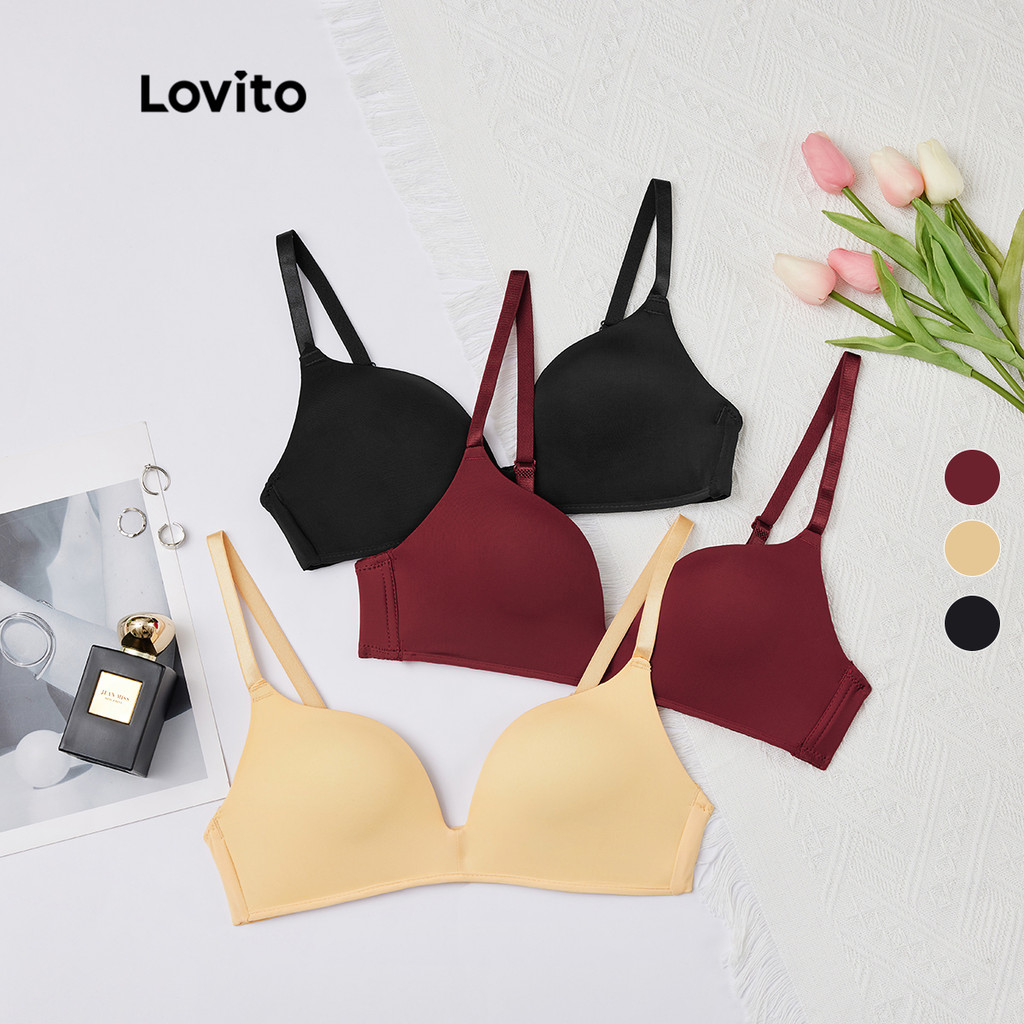 (Casual) Lovito Sutiã Liso Sem Fio com Bojo Com Almofadas Irremovíveis L233L079 (Damasco/Preto/Borgonha)