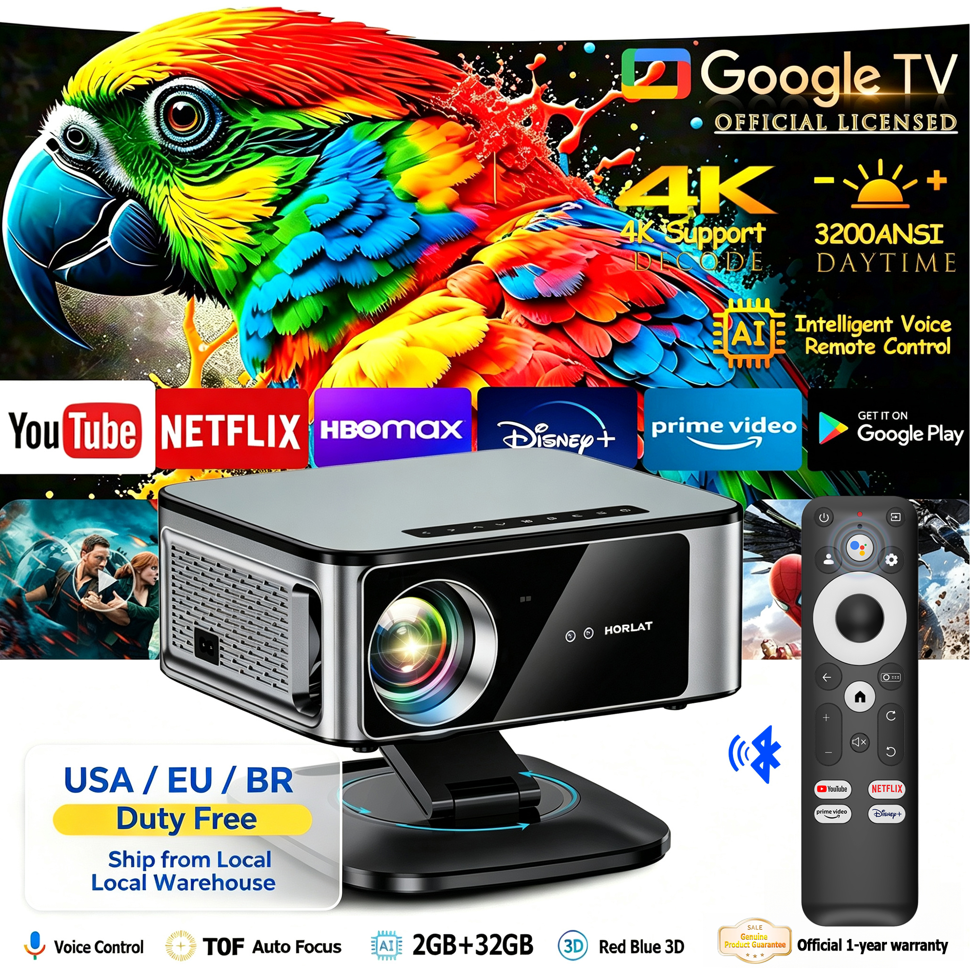 Projetor HORLAT 4K Full HD WiFi Android