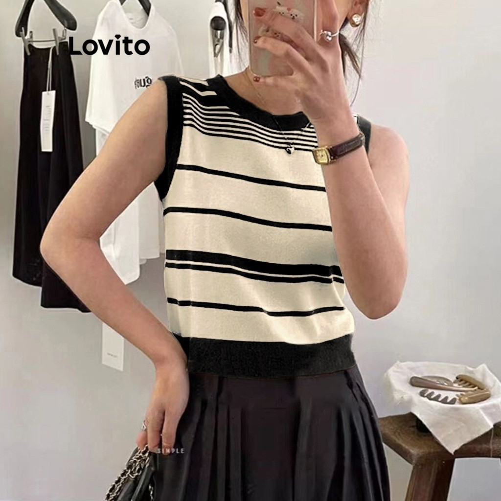 (Trendy) Lovito Top De Malha Casual Listrado Com Gola Contrastante Sem Mangas Para Mulheres LNA07134