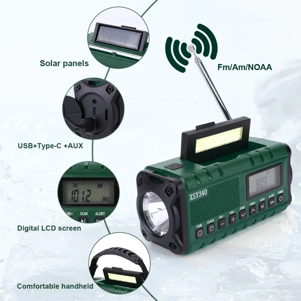 Emergency Radio solar/manivela/USB 10000mAh alerta meteorológico AM/FM/WB NOAA tipo C relógio LCD, lanterna LED e alarme