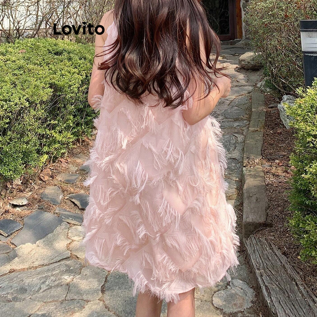 (Elegante) Lovito Vestido Com Franjas Lisas Para Mulheres L106AD483