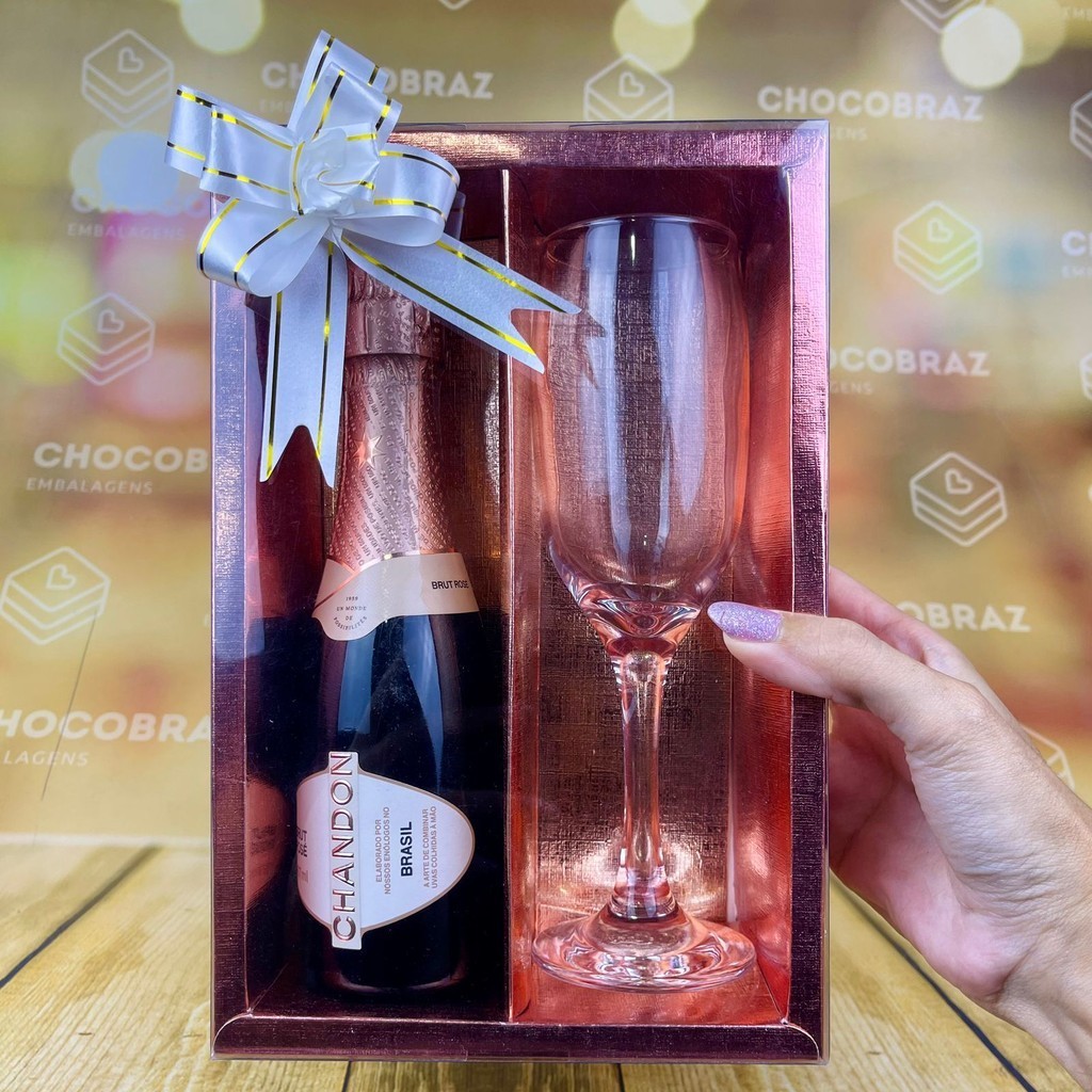 05 ~ 10 Caixa ROSE Textura com visor  p/ Mini Champanhe e Taça ASSK (CHOCO)