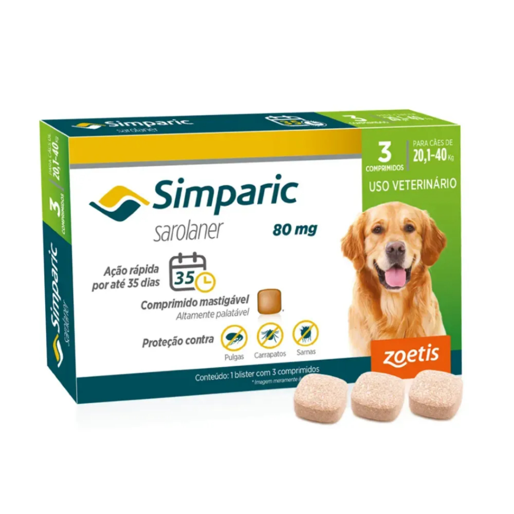 3 Comprimidos Simparic Cães 20,1 A 40 Kg Antipulgas E Carrapatos (80 mg) VENC FEV.27
