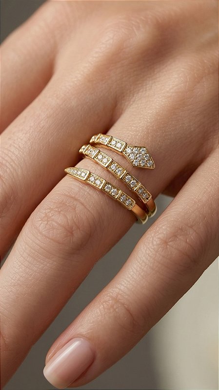 Anel Serpente BV Cravejado Zircônias Dourado Ajustável