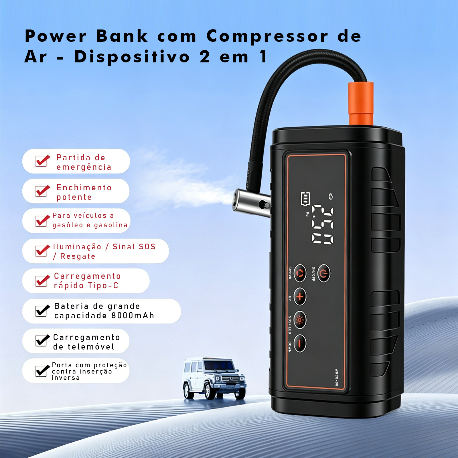 Power Bank 2 em 1: Compressor e Inflador de Pneus