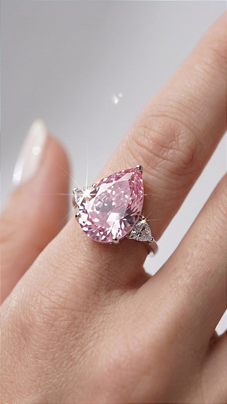 Anel Gota Zircônia Rosa Cravejado Prata Ajustável
