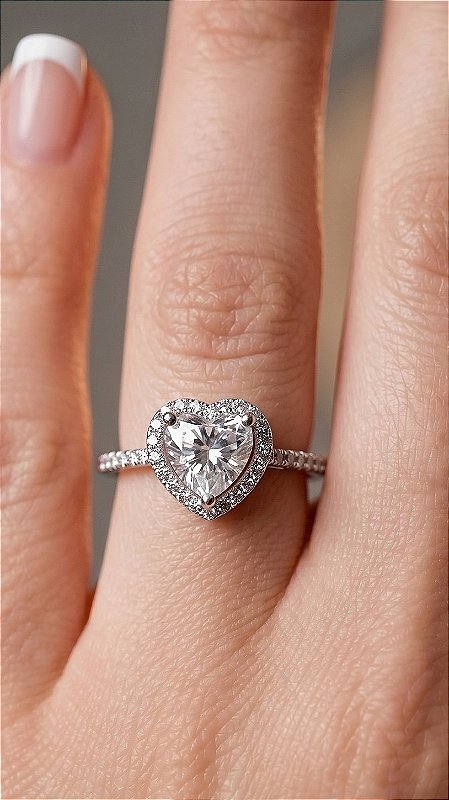 Anel Coração Cravejado Moissanite Prata 925 Ajustável