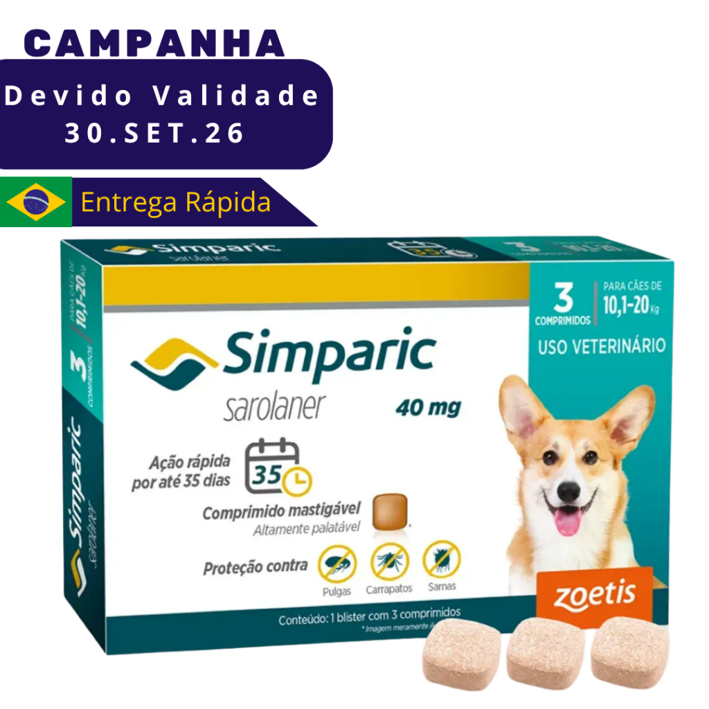 3 Comprimidos Simparic Cães 10,1 a 20 kg Antipulgas Carrapatos Sarna VENC SET.26