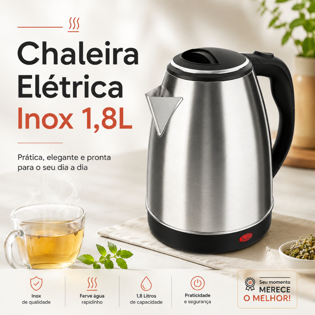 Chaleira Elétrica 1.8L 1000W Inox Prateada