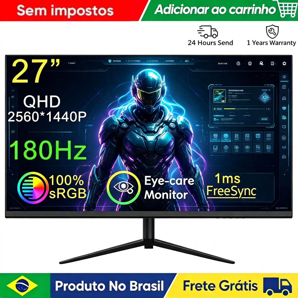 Monitor Gamer de 27 Polegadas, 2K, 180Hz, 2560x1400P, sRGB, IPS, HDR