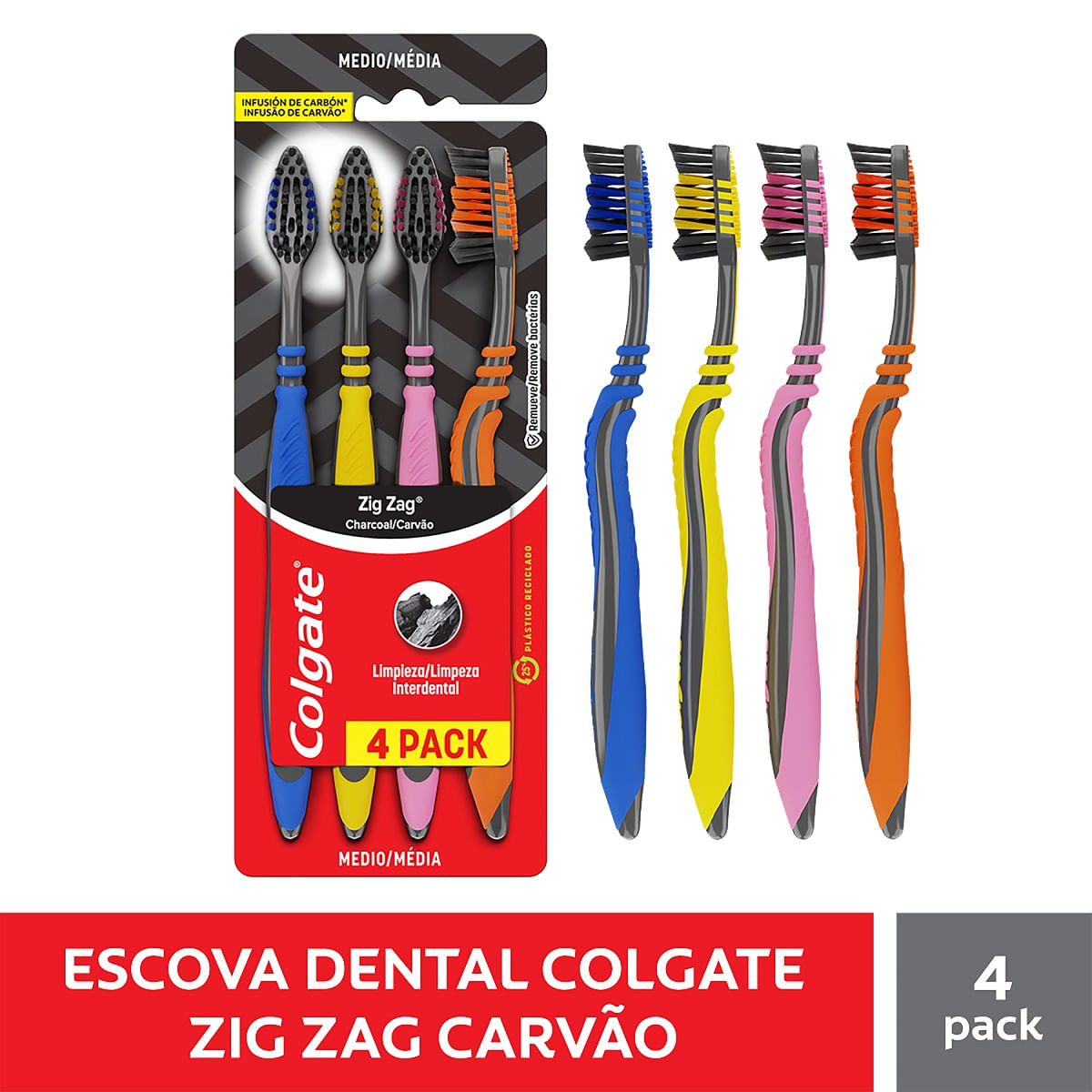 Escova Dental Colgate Zig Zag Carvão 4 Unidades