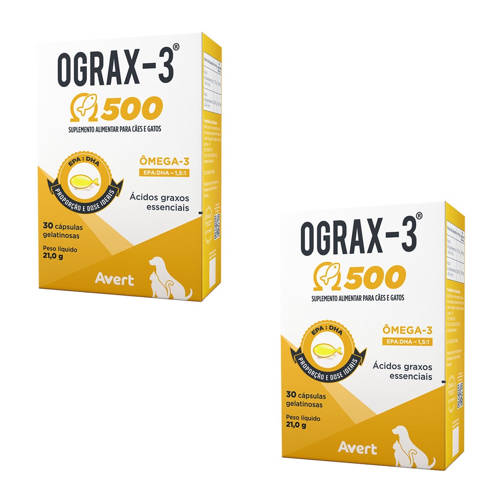 2Un Ograx 500mg 30comp Suplemento para Cães E Gatos Omega 3