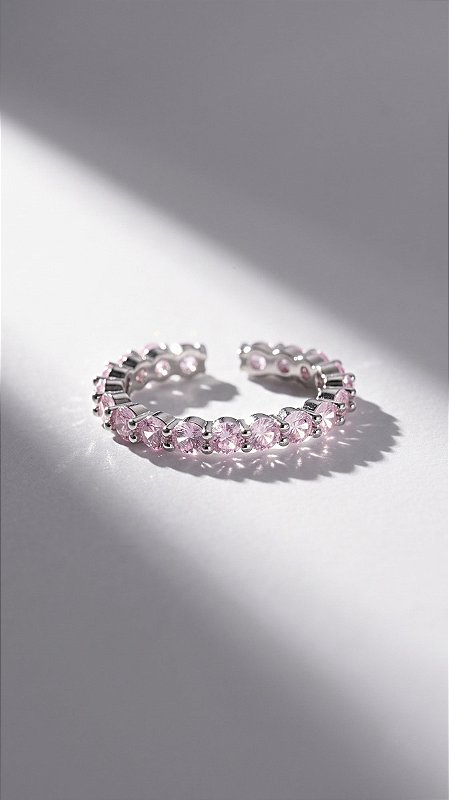 Anel Aliança Riviera Zircônias Rosa Banho Ródio Branco Ajustável