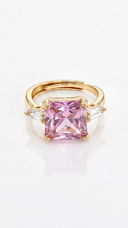 Anel Quadrado Lapidação Princesa Zircônia Rosa Dourado Ajustável