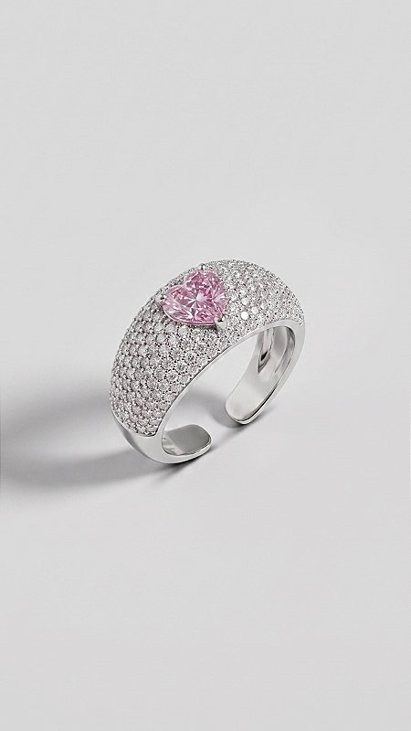 Anel Bombé Coração Rosa Cravejado Zircônias Premium Prata
