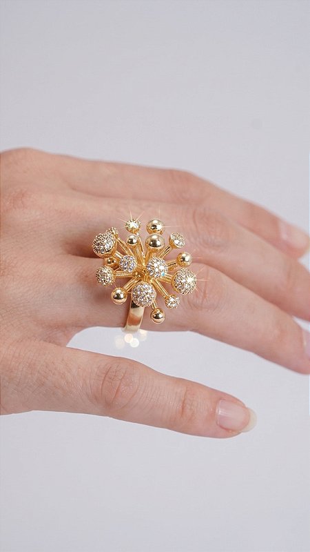 Anel Esferas Cravejadas Zircônias Banho Ouro 18K Ajustável